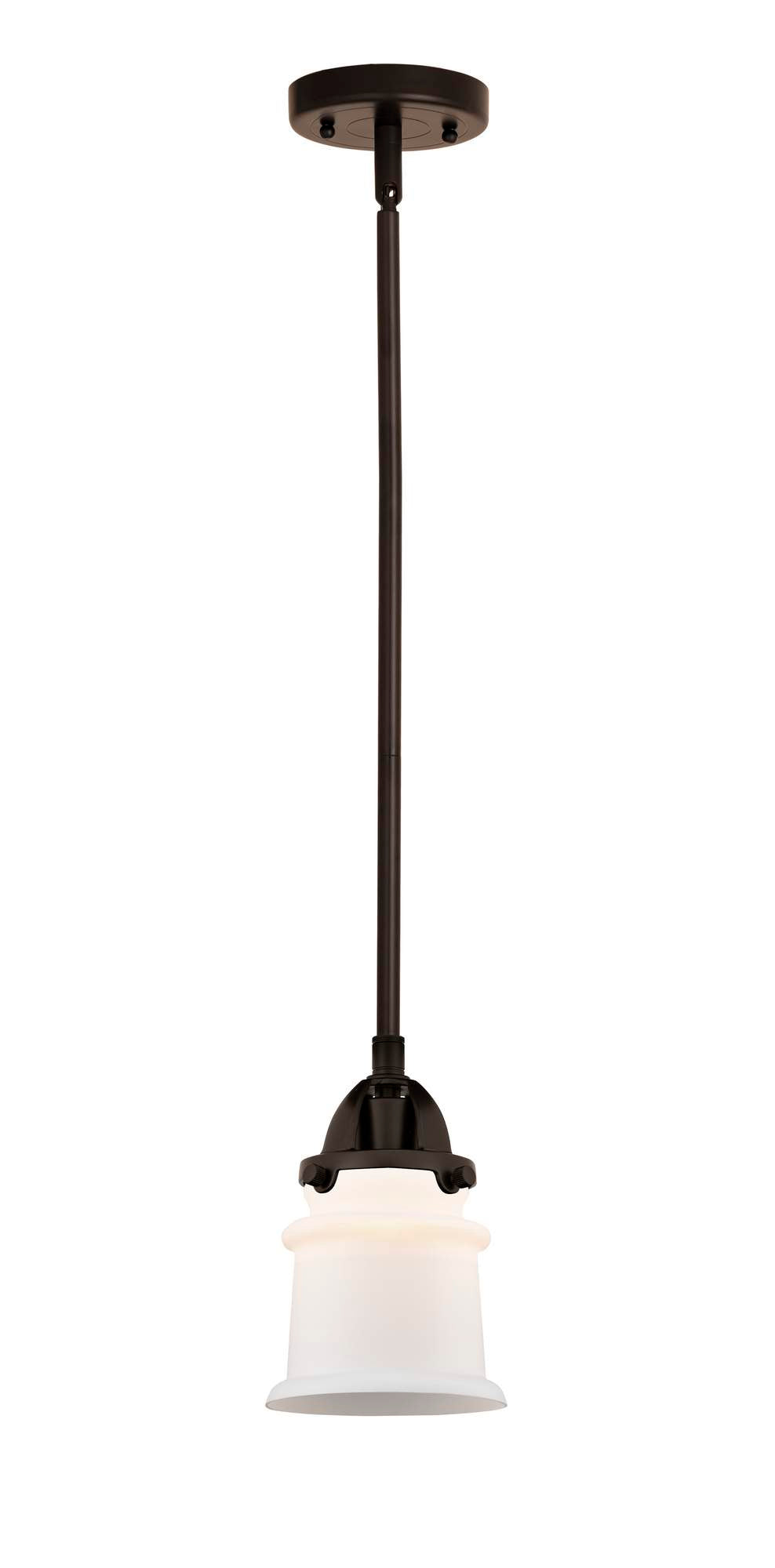288-1S-OB-G181S Stem Hung 5.25" Oil Rubbed Bronze Mini Pendant - Matte White Small Canton Glass - LED Bulb - Dimmensions: 5.25 x 5.25 x 8.25<br>Minimum Height : 17.75<br>Maximum Height : 41.75 - Sloped Ceiling Compatible: Yes
