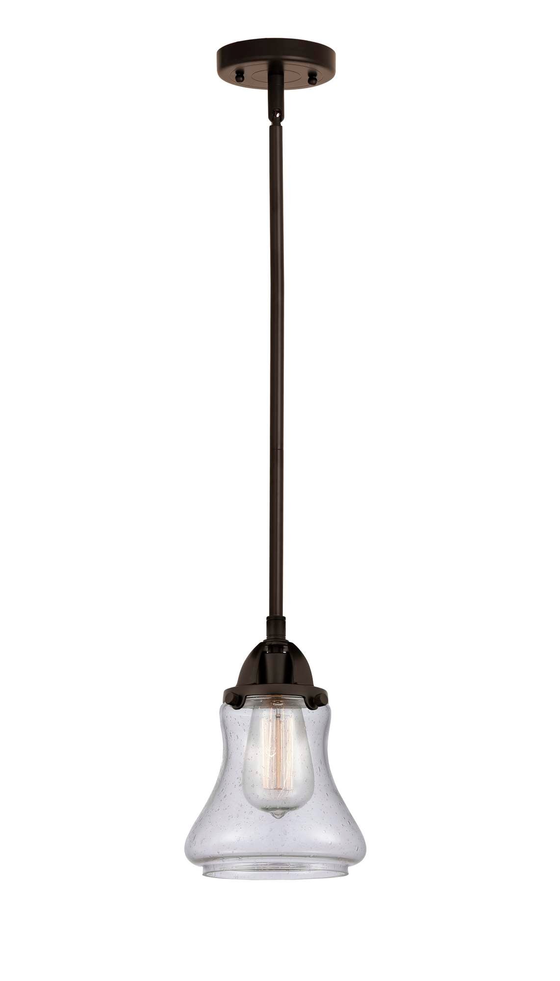 288-1S-OB-G194 Stem Hung 6" Oil Rubbed Bronze Mini Pendant - Seedy Bellmont Glass - LED Bulb - Dimmensions: 6 x 6 x 9<br>Minimum Height : 18.5<br>Maximum Height : 42.5 - Sloped Ceiling Compatible: Yes