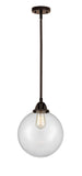 288-1S-OB-G202-10 Stem Hung 10" Oil Rubbed Bronze Mini Pendant - Clear Beacon Glass - LED Bulb - Dimmensions: 10 x 10 x 12.5<br>Minimum Height : 22<br>Maximum Height : 46 - Sloped Ceiling Compatible: Yes