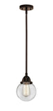 288-1S-OB-G202-6 Stem Hung 6" Oil Rubbed Bronze Mini Pendant - Clear Beacon Glass - LED Bulb - Dimmensions: 6 x 6 x 8.5<br>Minimum Height : 18<br>Maximum Height : 42 - Sloped Ceiling Compatible: Yes