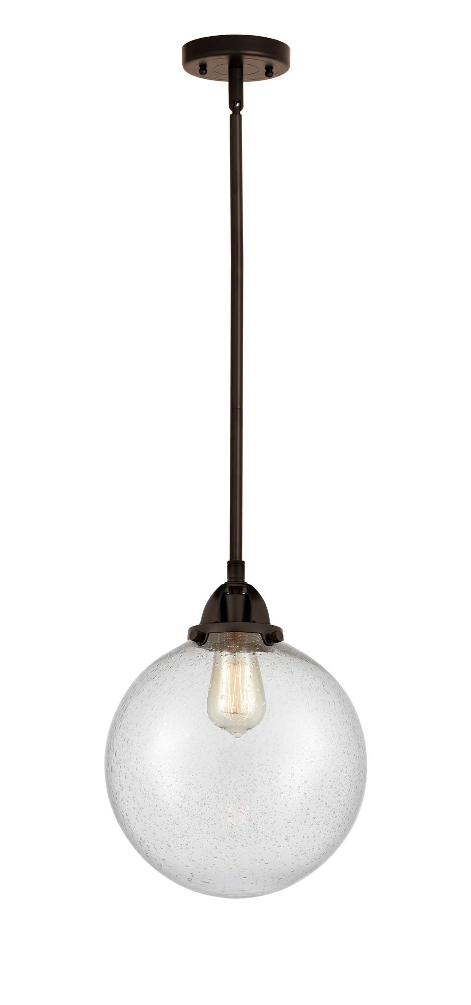 288-1S-OB-G204-10 Stem Hung 10" Oil Rubbed Bronze Mini Pendant - Seedy Beacon Glass - LED Bulb - Dimmensions: 10 x 10 x 12.5<br>Minimum Height : 22<br>Maximum Height : 46 - Sloped Ceiling Compatible: Yes