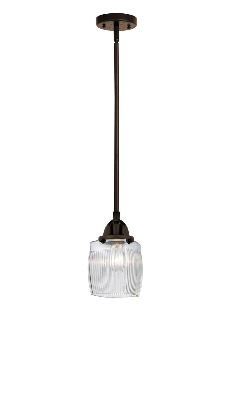 288-1S-OB-G302 Stem Hung 5.5" Oil Rubbed Bronze Mini Pendant - Thick Clear Halophane Colton Glass - LED Bulb - Dimmensions: 5.5 x 5.5 x 8.75<br>Minimum Height : 18.25<br>Maximum Height : 42.25 - Sloped Ceiling Compatible: Yes