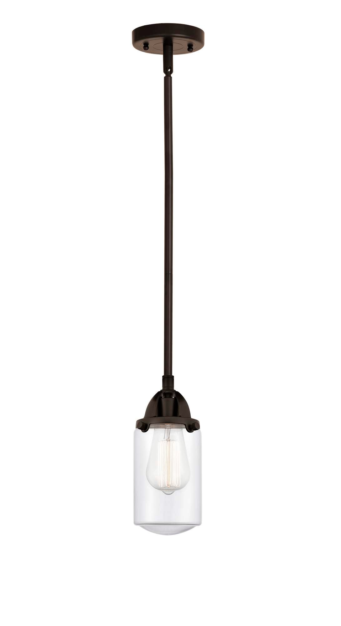 288-1S-OB-G312 Stem Hung 4.5" Oil Rubbed Bronze Mini Pendant - Clear Dover Glass - LED Bulb - Dimmensions: 4.5 x 4.5 x 9.25<br>Minimum Height : 18.75<br>Maximum Height : 42.75 - Sloped Ceiling Compatible: Yes