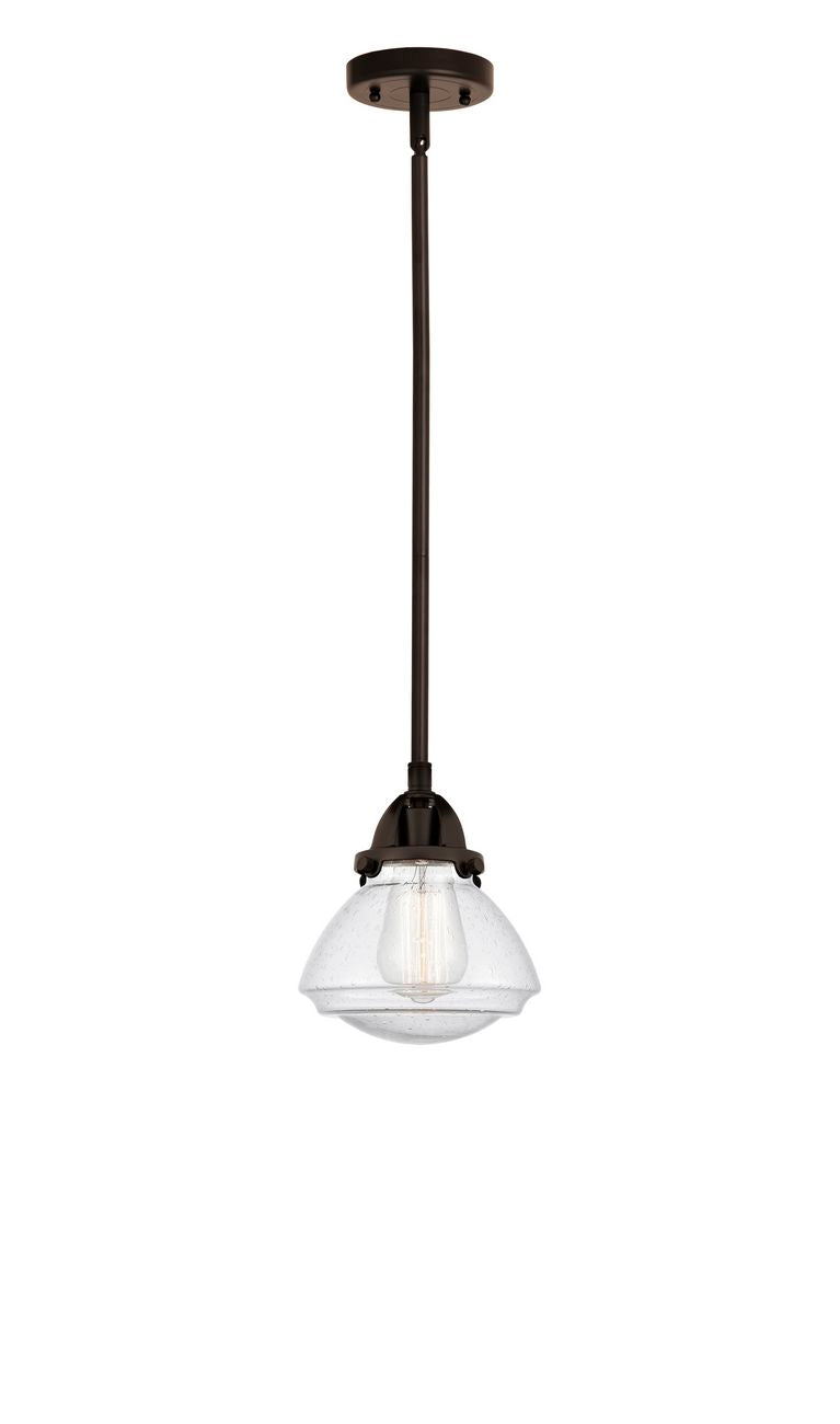 288-1S-OB-G324 Stem Hung 6.75" Oil Rubbed Bronze Mini Pendant - Seedy Olean Glass - LED Bulb - Dimmensions: 6.75 x 6.75 x 7.75<br>Minimum Height : 17.25<br>Maximum Height : 41.25 - Sloped Ceiling Compatible: Yes