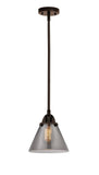 288-1S-OB-G43 Stem Hung 7.75" Oil Rubbed Bronze Mini Pendant - Plated Smoke Large Cone Glass - LED Bulb - Dimmensions: 7.75 x 7.75 x 8.75<br>Minimum Height : 18.25<br>Maximum Height : 42.25 - Sloped Ceiling Compatible: Yes