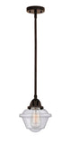 288-1S-OB-G534 Stem Hung 7.5" Oil Rubbed Bronze Mini Pendant - Seedy Small Oxford Glass - LED Bulb - Dimmensions: 7.5 x 7.5 x 8.5<br>Minimum Height : 18<br>Maximum Height : 42 - Sloped Ceiling Compatible: Yes