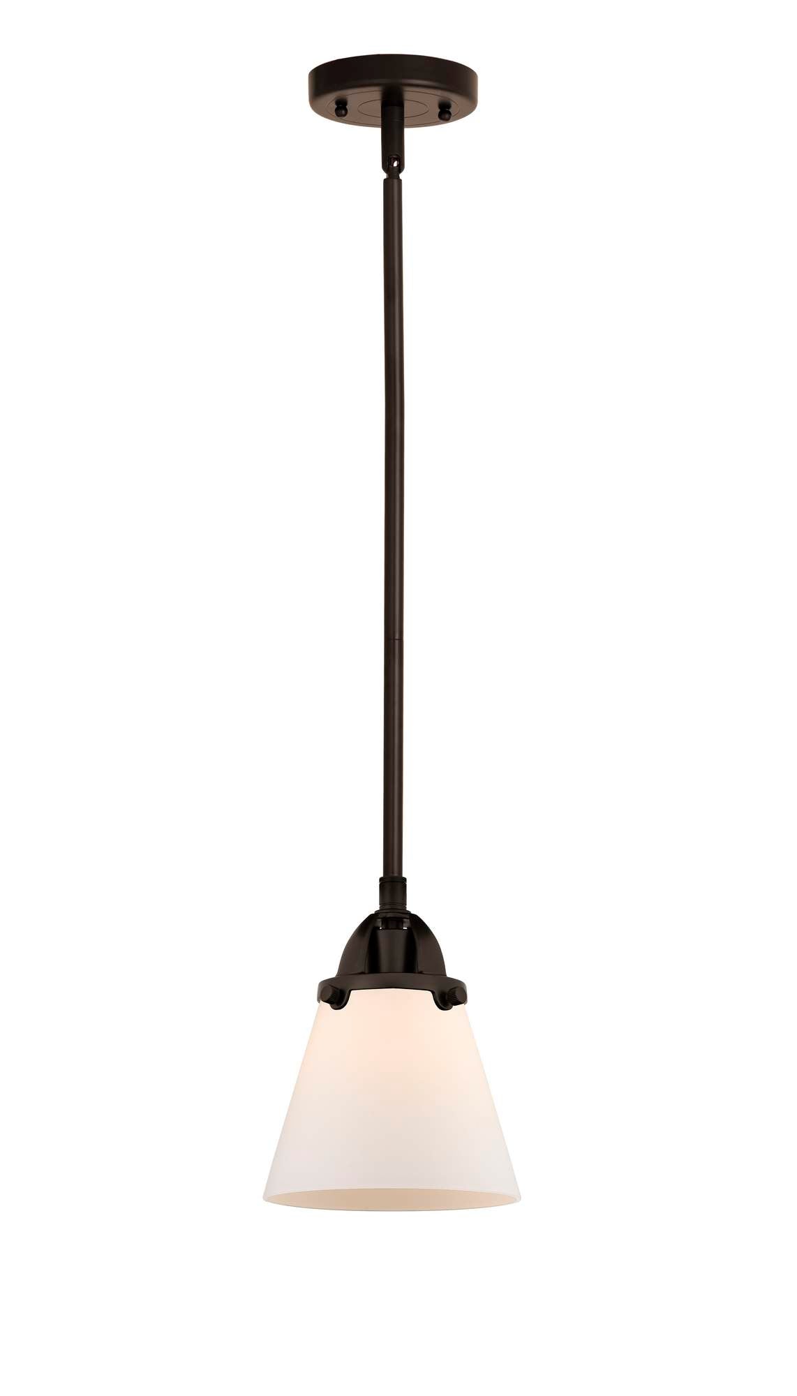 288-1S-OB-G61 Stem Hung 6.25" Oil Rubbed Bronze Mini Pendant - Matte White Cased Small Cone Glass - LED Bulb - Dimmensions: 6.25 x 6.25 x 8.5<br>Minimum Height : 18<br>Maximum Height : 42 - Sloped Ceiling Compatible: Yes