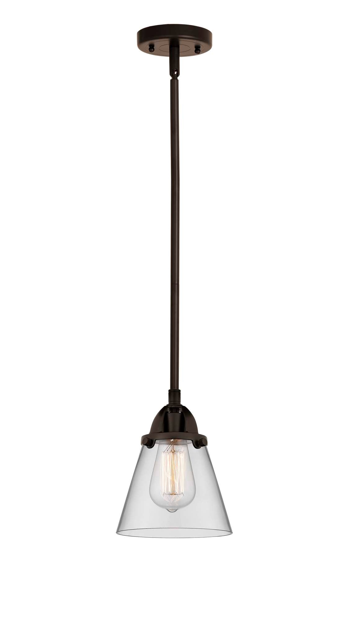 288-1S-OB-G62 Stem Hung 6.25" Oil Rubbed Bronze Mini Pendant - Clear Small Cone Glass - LED Bulb - Dimmensions: 6.25 x 6.25 x 8.5<br>Minimum Height : 18<br>Maximum Height : 42 - Sloped Ceiling Compatible: Yes