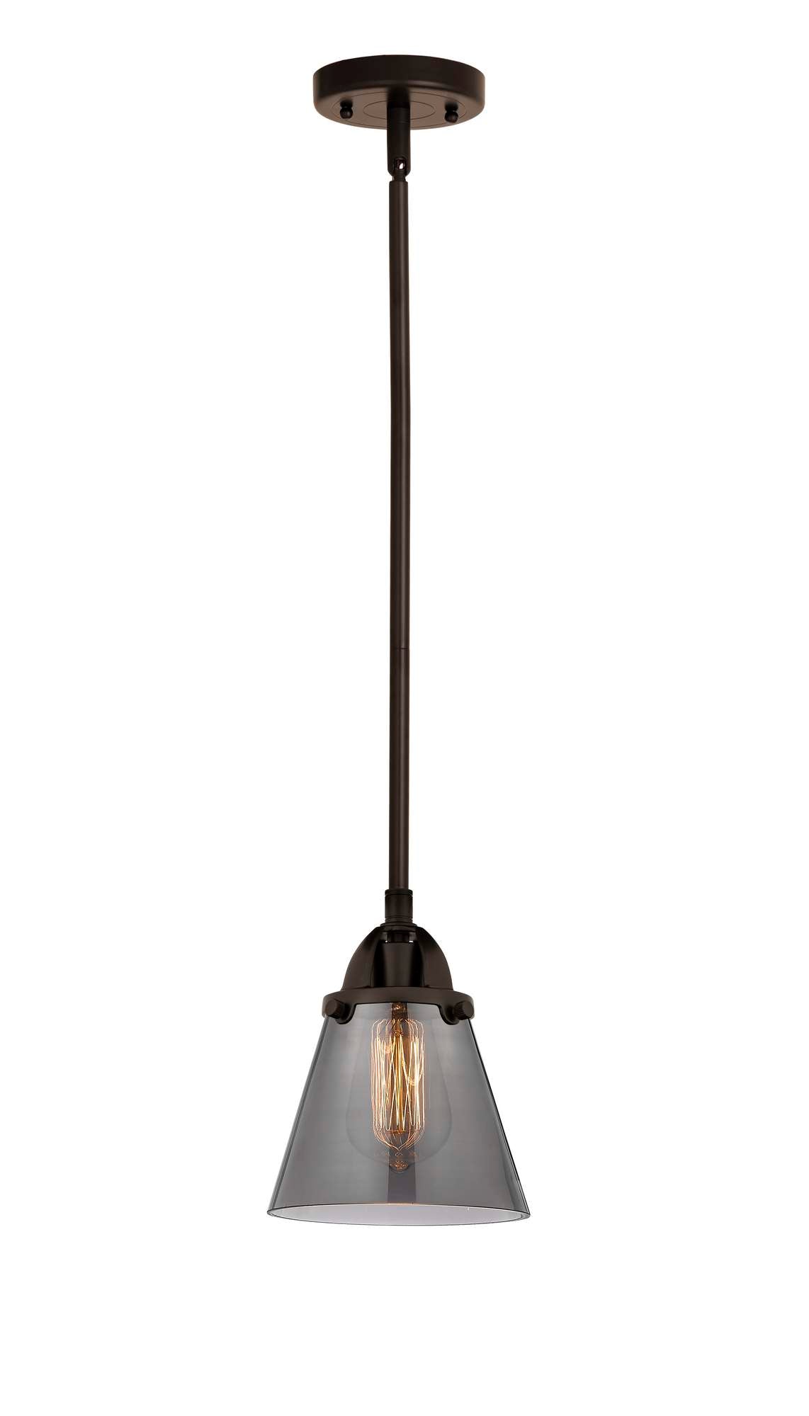 288-1S-OB-G63 Stem Hung 6.25" Oil Rubbed Bronze Mini Pendant - Plated Smoke Small Cone Glass - LED Bulb - Dimmensions: 6.25 x 6.25 x 8.5<br>Minimum Height : 18<br>Maximum Height : 42 - Sloped Ceiling Compatible: Yes