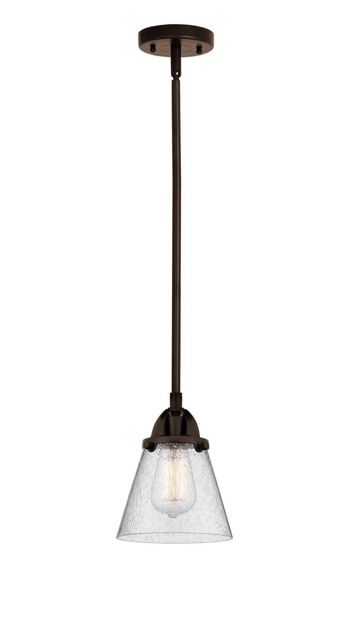 288-1S-OB-G64 Stem Hung 6.25" Oil Rubbed Bronze Mini Pendant - Seedy Small Cone Glass - LED Bulb - Dimmensions: 6.25 x 6.25 x 8.5<br>Minimum Height : 18<br>Maximum Height : 42 - Sloped Ceiling Compatible: Yes