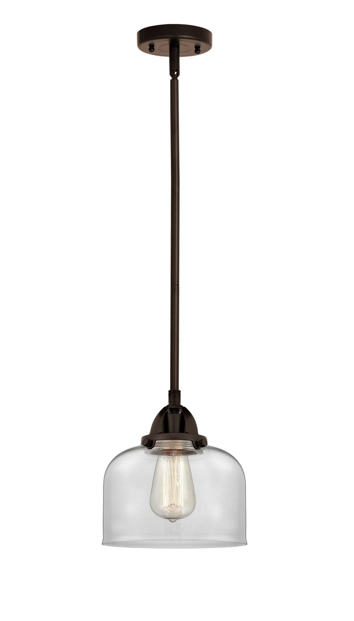 288-1S-OB-G72 Stem Hung 8" Oil Rubbed Bronze Mini Pendant - Clear Large Bell Glass - LED Bulb - Dimmensions: 8 x 8 x 8.5<br>Minimum Height : 18<br>Maximum Height : 42 - Sloped Ceiling Compatible: Yes