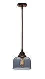 288-1S-OB-G73 Stem Hung 8" Oil Rubbed Bronze Mini Pendant - Plated Smoke Large Bell Glass - LED Bulb - Dimmensions: 8 x 8 x 8.5<br>Minimum Height : 18<br>Maximum Height : 42 - Sloped Ceiling Compatible: Yes