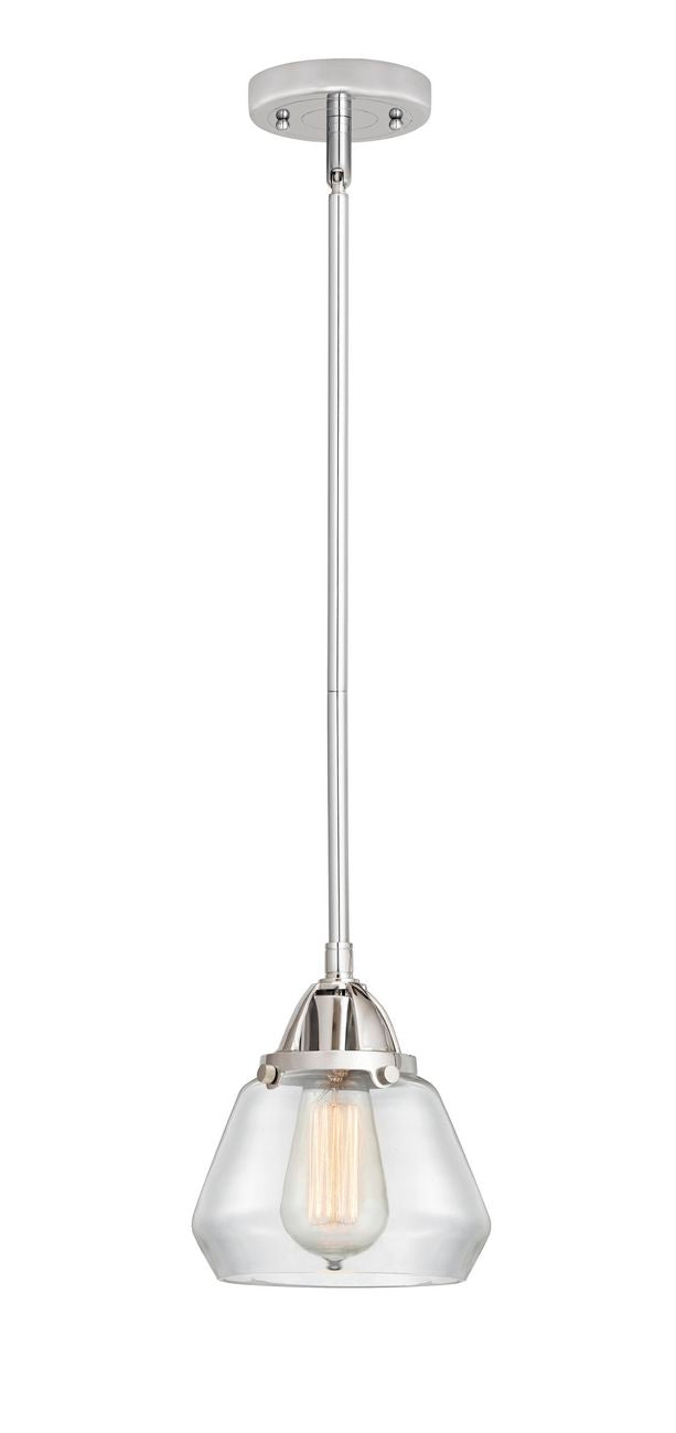 288-1S-PC-G172 Stem Hung 6.75" Polished Chrome Mini Pendant - Clear Fulton Glass - LED Bulb - Dimmensions: 6.75 x 6.75 x 8<br>Minimum Height : 17.5<br>Maximum Height : 41.5 - Sloped Ceiling Compatible: Yes