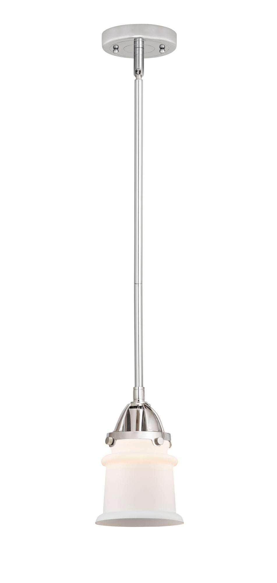 288-1S-PC-G181S Stem Hung 5.25" Polished Chrome Mini Pendant - Matte White Small Canton Glass - LED Bulb - Dimmensions: 5.25 x 5.25 x 8.25<br>Minimum Height : 17.75<br>Maximum Height : 41.75 - Sloped Ceiling Compatible: Yes