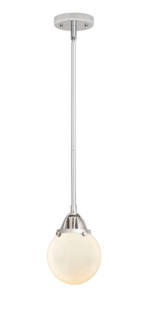 288-1S-PC-G201-6 Stem Hung 6" Polished Chrome Mini Pendant - Matte White Cased Beacon Glass - LED Bulb - Dimmensions: 6 x 6 x 8.5<br>Minimum Height : 18<br>Maximum Height : 42 - Sloped Ceiling Compatible: Yes