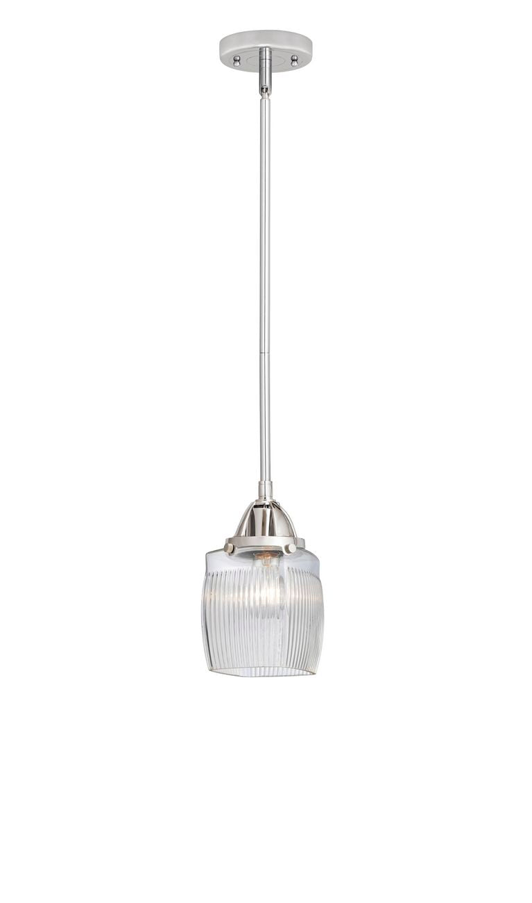 288-1S-PC-G302 Stem Hung 5.5" Polished Chrome Mini Pendant - Thick Clear Halophane Colton Glass - LED Bulb - Dimmensions: 5.5 x 5.5 x 8.75<br>Minimum Height : 18.25<br>Maximum Height : 42.25 - Sloped Ceiling Compatible: Yes