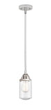 288-1S-PC-G314 Stem Hung 4.5" Polished Chrome Mini Pendant - Seedy Dover Glass - LED Bulb - Dimmensions: 4.5 x 4.5 x 9.25<br>Minimum Height : 18.75<br>Maximum Height : 42.75 - Sloped Ceiling Compatible: Yes