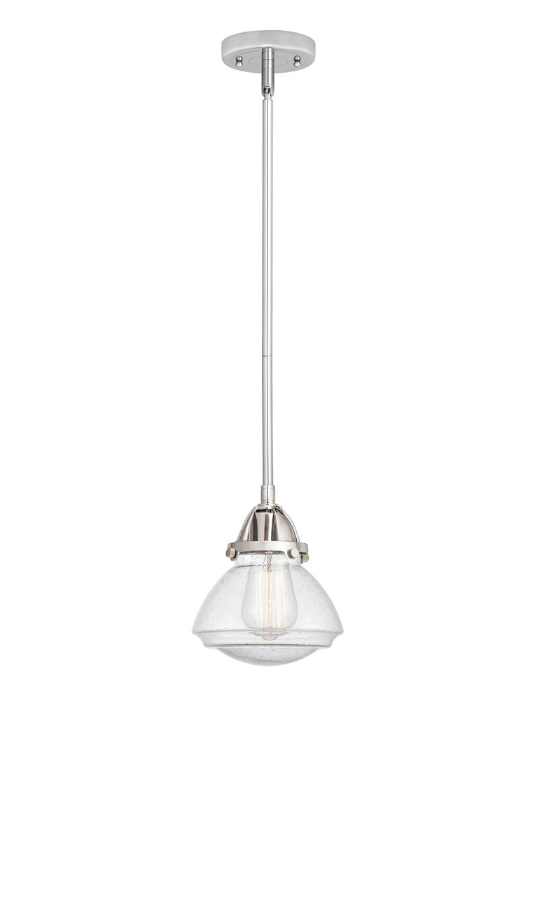 288-1S-PC-G324 Stem Hung 6.75" Polished Chrome Mini Pendant - Seedy Olean Glass - LED Bulb - Dimmensions: 6.75 x 6.75 x 7.75<br>Minimum Height : 17.25<br>Maximum Height : 41.25 - Sloped Ceiling Compatible: Yes