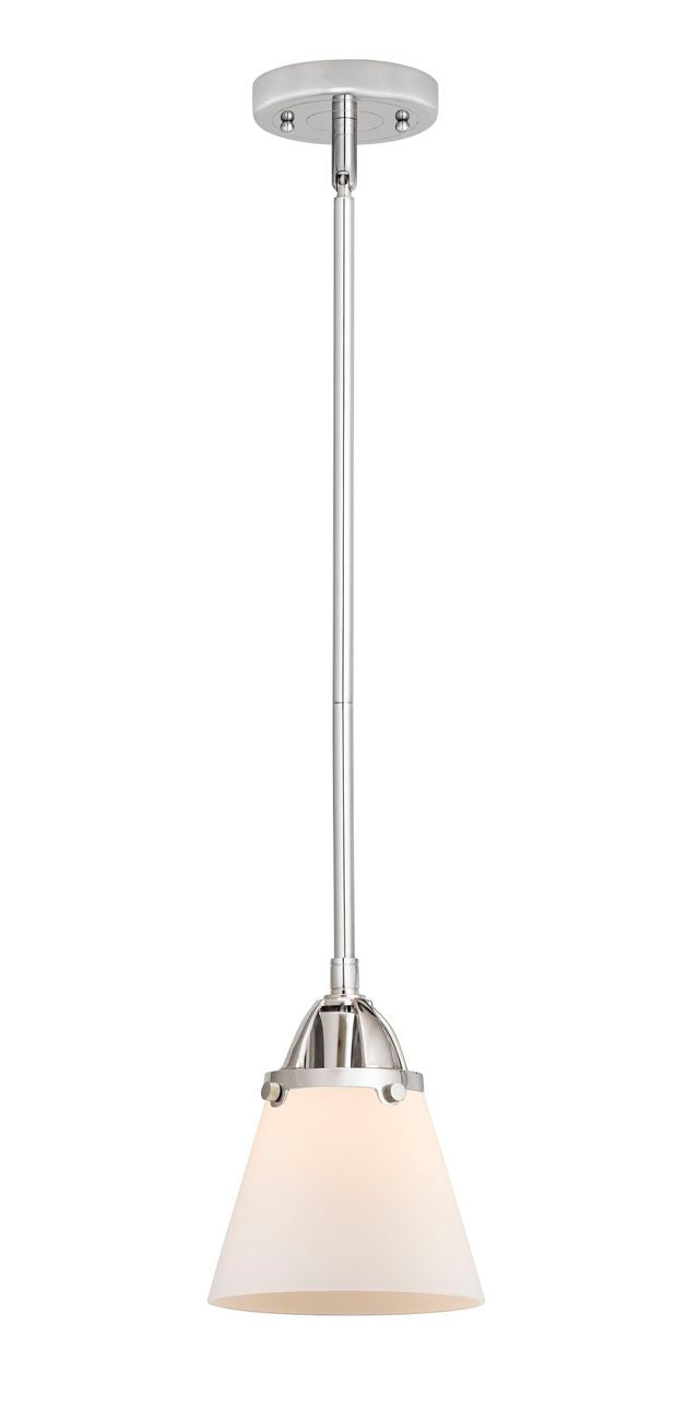 288-1S-PC-G61 Stem Hung 6.25" Polished Chrome Mini Pendant - Matte White Cased Small Cone Glass - LED Bulb - Dimmensions: 6.25 x 6.25 x 8.5<br>Minimum Height : 18<br>Maximum Height : 42 - Sloped Ceiling Compatible: Yes