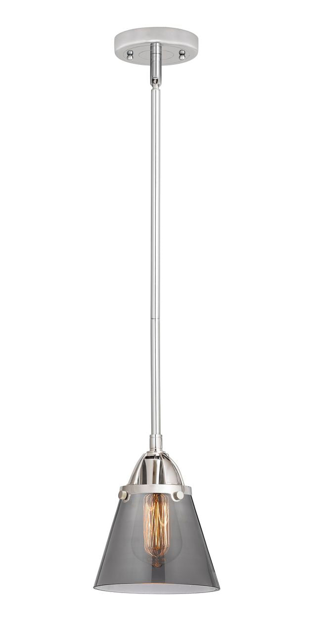 288-1S-PC-G63 Stem Hung 6.25" Polished Chrome Mini Pendant - Plated Smoke Small Cone Glass - LED Bulb - Dimmensions: 6.25 x 6.25 x 8.5<br>Minimum Height : 18<br>Maximum Height : 42 - Sloped Ceiling Compatible: Yes