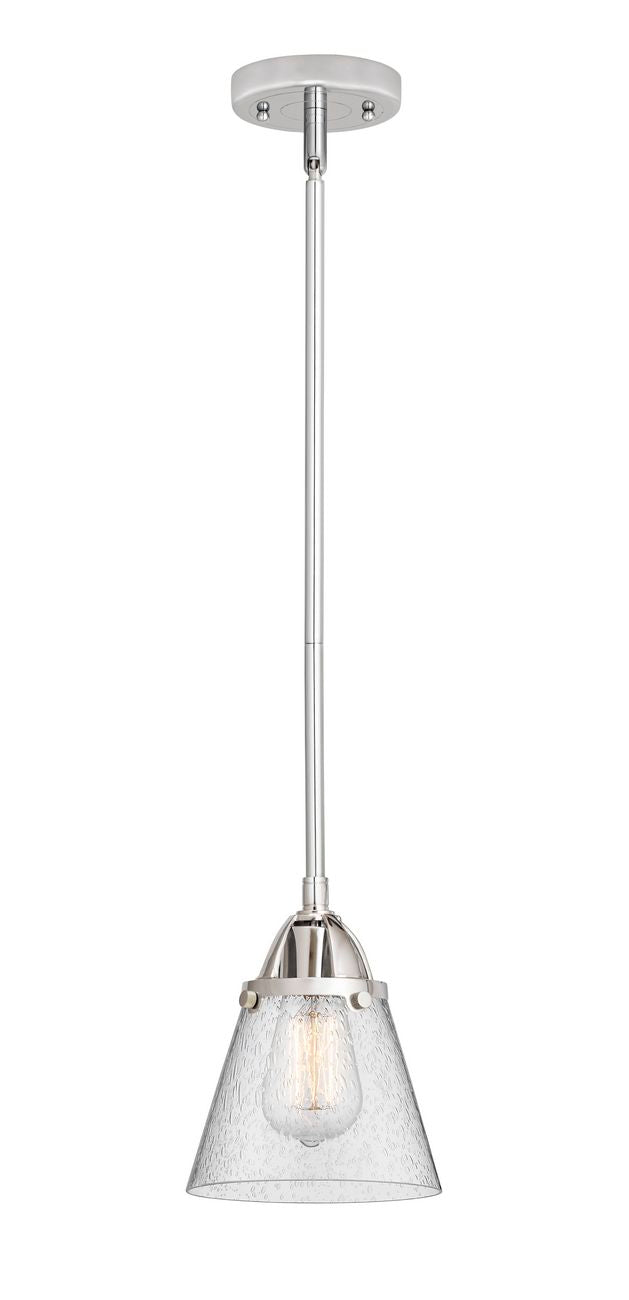 288-1S-PC-G64 Stem Hung 6.25" Polished Chrome Mini Pendant - Seedy Small Cone Glass - LED Bulb - Dimmensions: 6.25 x 6.25 x 8.5<br>Minimum Height : 18<br>Maximum Height : 42 - Sloped Ceiling Compatible: Yes