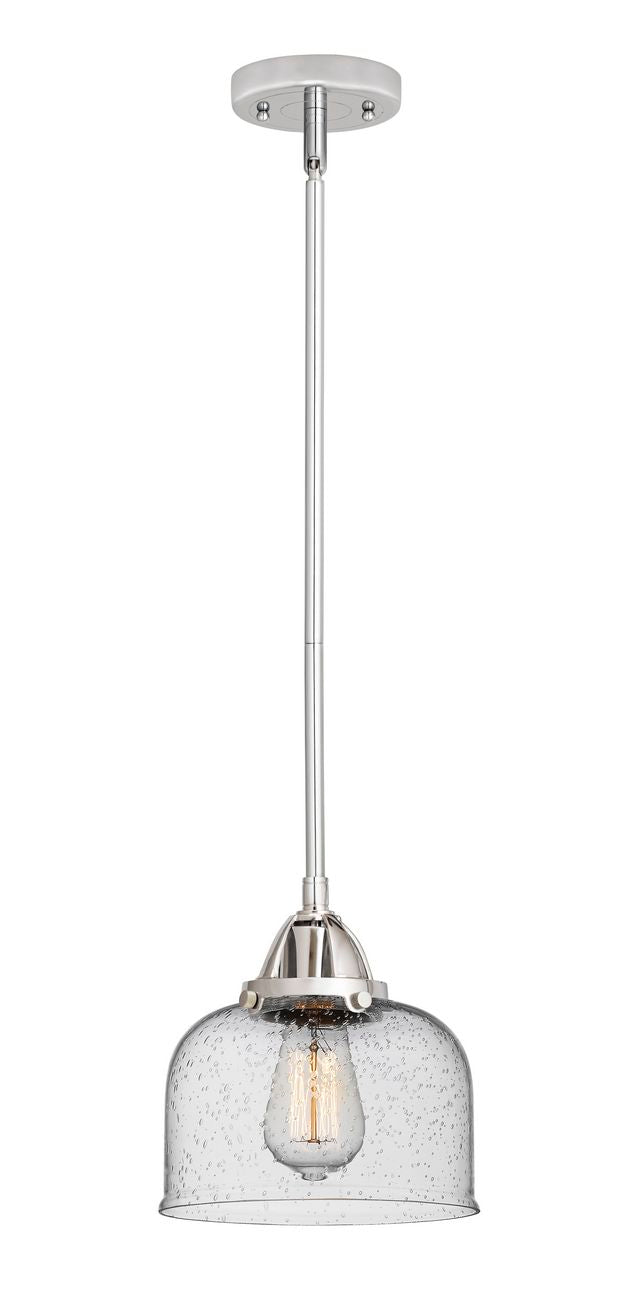 288-1S-PC-G74 Stem Hung 8" Polished Chrome Mini Pendant - Seedy Large Bell Glass - LED Bulb - Dimmensions: 8 x 8 x 8.5<br>Minimum Height : 18<br>Maximum Height : 42 - Sloped Ceiling Compatible: Yes