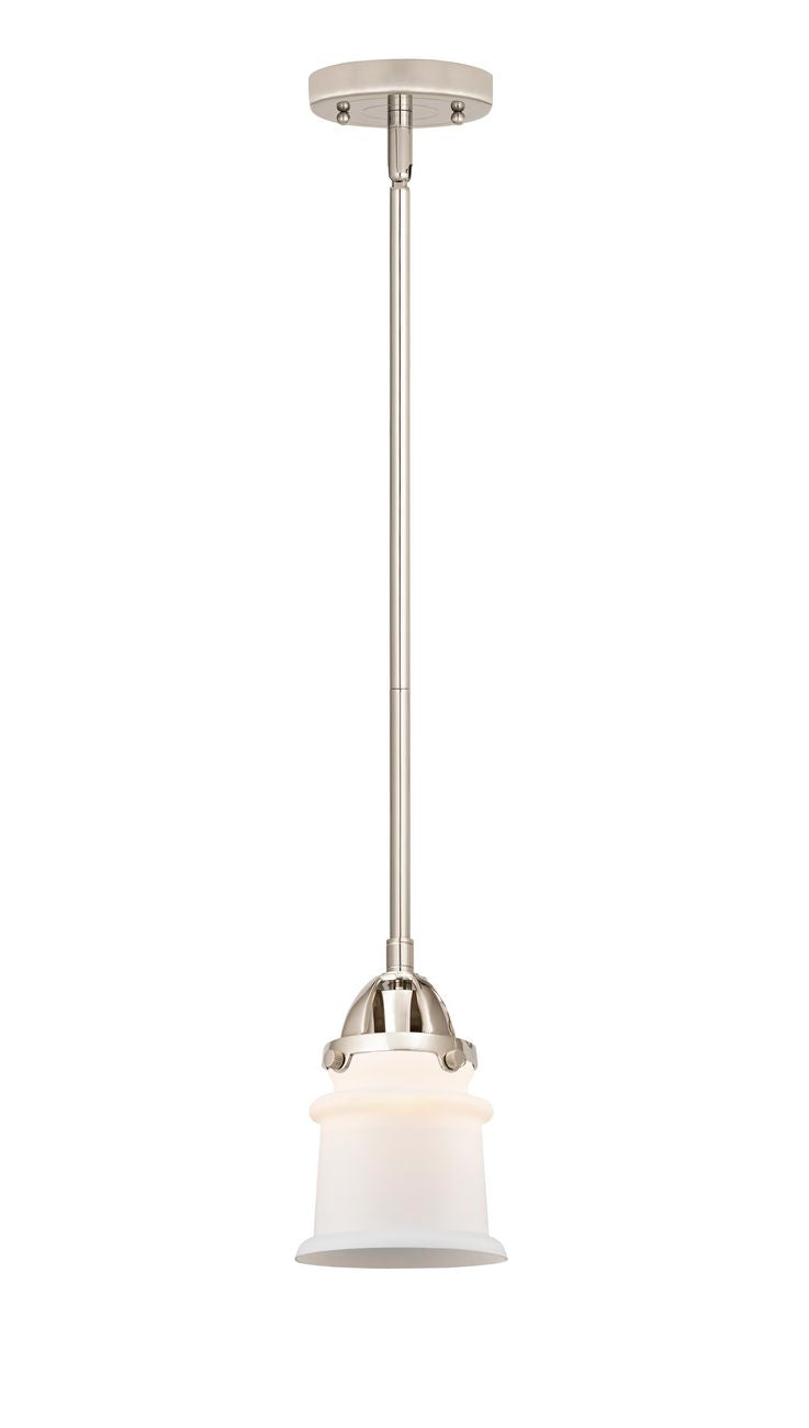 288-1S-PN-G181S Stem Hung 5.25" Polished Nickel Mini Pendant - Matte White Small Canton Glass - LED Bulb - Dimmensions: 5.25 x 5.25 x 8.25<br>Minimum Height : 17.75<br>Maximum Height : 41.75 - Sloped Ceiling Compatible: Yes