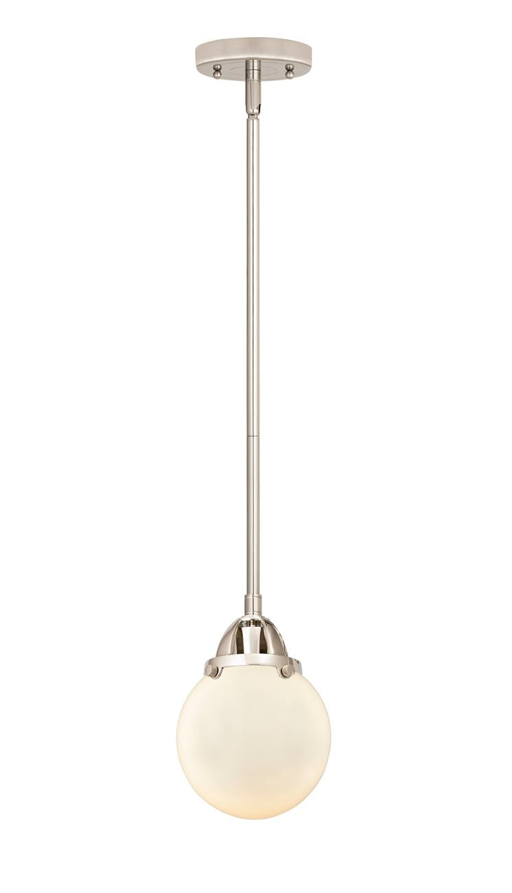 288-1S-PN-G201-6 Stem Hung 6" Polished Nickel Mini Pendant - Matte White Cased Beacon Glass - LED Bulb - Dimmensions: 6 x 6 x 8.5<br>Minimum Height : 18<br>Maximum Height : 42 - Sloped Ceiling Compatible: Yes