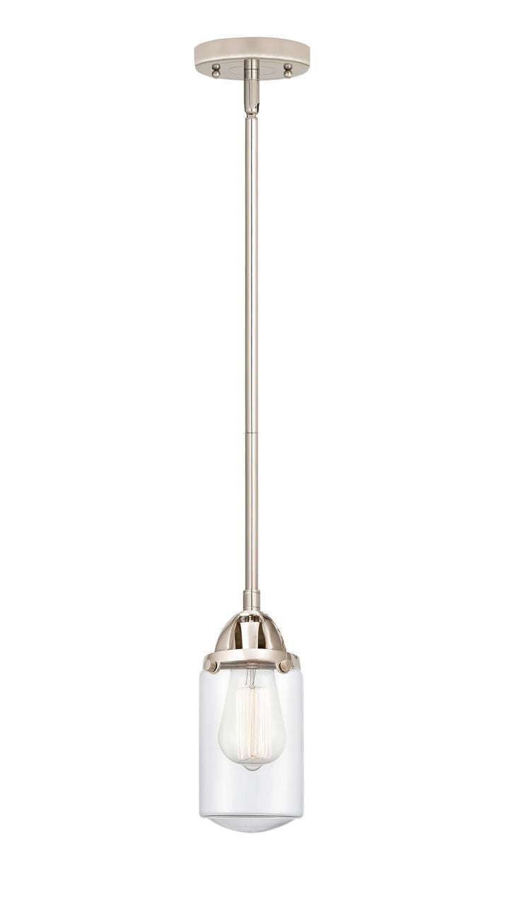 288-1S-PN-G312 Stem Hung 4.5" Polished Nickel Mini Pendant - Clear Dover Glass - LED Bulb - Dimmensions: 4.5 x 4.5 x 9.25<br>Minimum Height : 18.75<br>Maximum Height : 42.75 - Sloped Ceiling Compatible: Yes