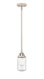288-1S-PN-G314 Stem Hung 4.5" Polished Nickel Mini Pendant - Seedy Dover Glass - LED Bulb - Dimmensions: 4.5 x 4.5 x 9.25<br>Minimum Height : 18.75<br>Maximum Height : 42.75 - Sloped Ceiling Compatible: Yes
