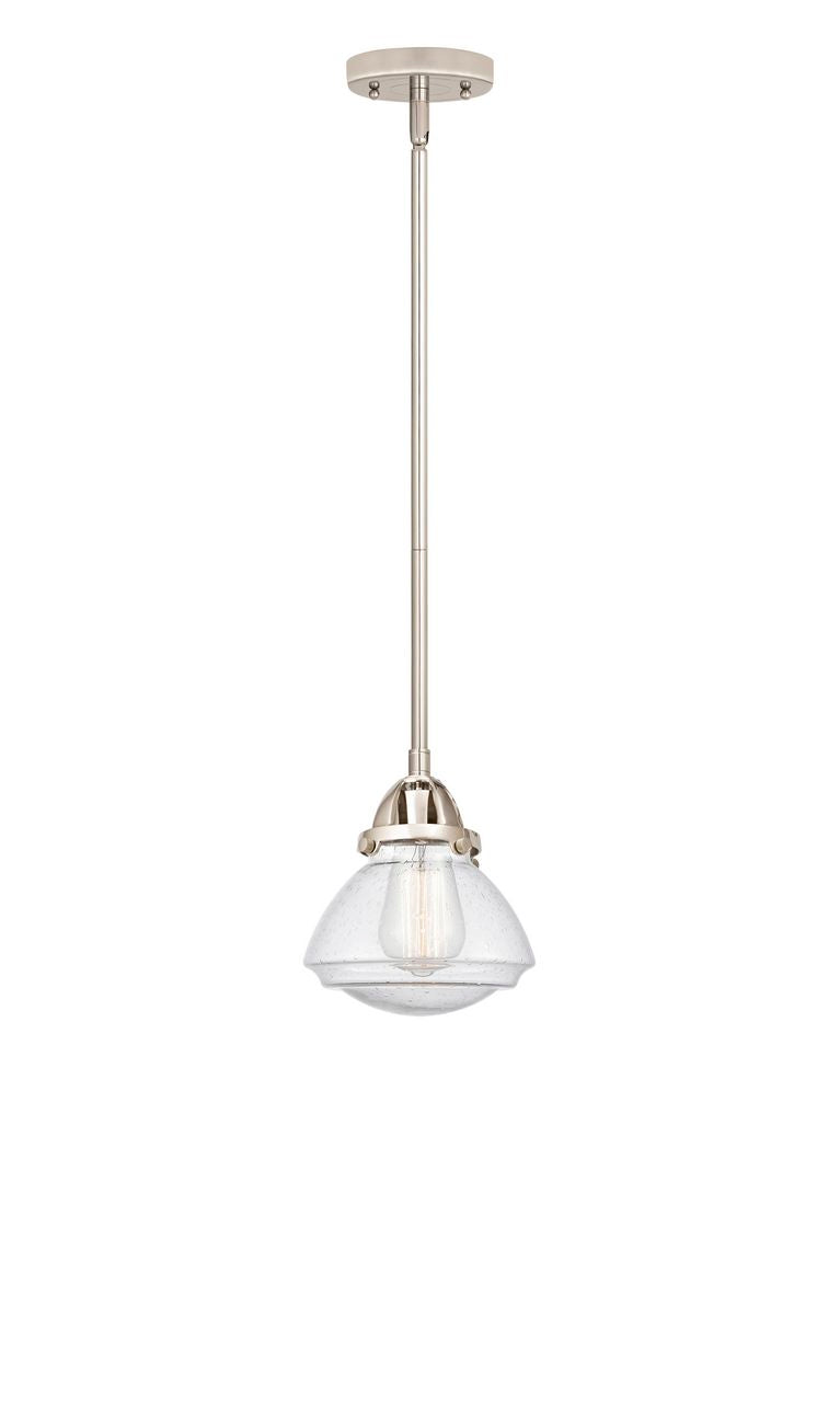 288-1S-PN-G324 Stem Hung 6.75" Polished Nickel Mini Pendant - Seedy Olean Glass - LED Bulb - Dimmensions: 6.75 x 6.75 x 7.75<br>Minimum Height : 17.25<br>Maximum Height : 41.25 - Sloped Ceiling Compatible: Yes