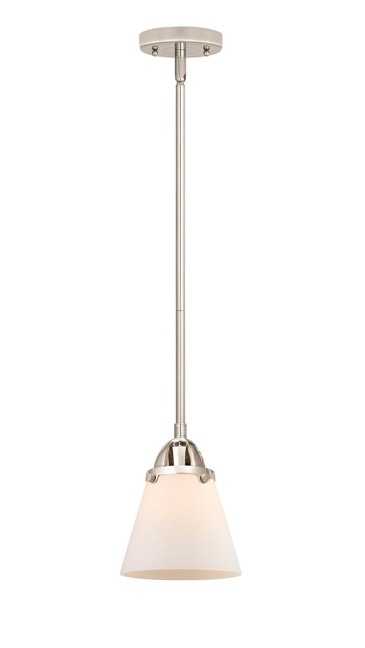288-1S-PN-G61 Stem Hung 6.25" Polished Nickel Mini Pendant - Matte White Cased Small Cone Glass - LED Bulb - Dimmensions: 6.25 x 6.25 x 8.5<br>Minimum Height : 18<br>Maximum Height : 42 - Sloped Ceiling Compatible: Yes