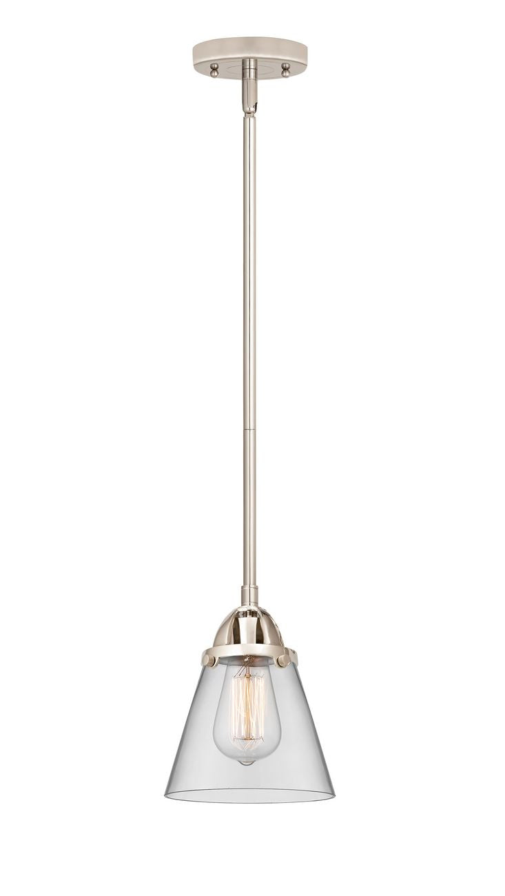 288-1S-PN-G62 Stem Hung 6.25" Polished Nickel Mini Pendant - Clear Small Cone Glass - LED Bulb - Dimmensions: 6.25 x 6.25 x 8.5<br>Minimum Height : 18<br>Maximum Height : 42 - Sloped Ceiling Compatible: Yes