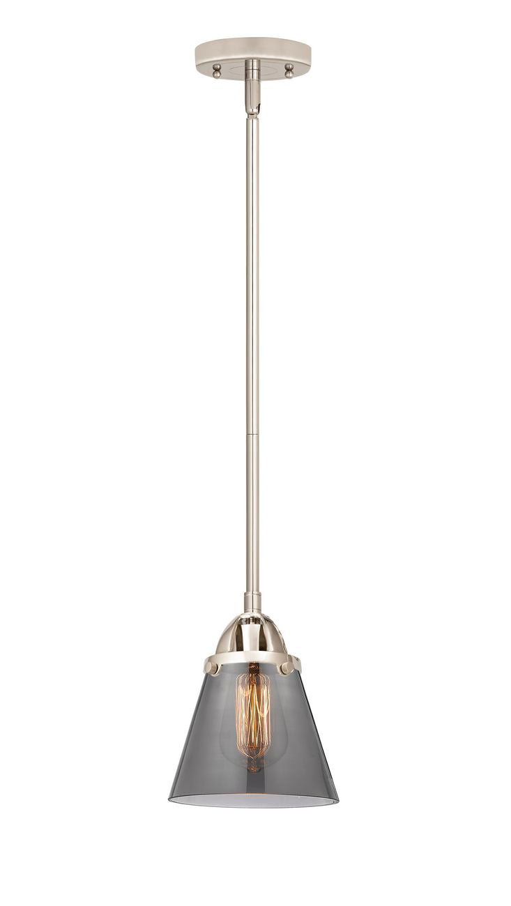 288-1S-PN-G63 Stem Hung 6.25" Polished Nickel Mini Pendant - Plated Smoke Small Cone Glass - LED Bulb - Dimmensions: 6.25 x 6.25 x 8.5<br>Minimum Height : 18<br>Maximum Height : 42 - Sloped Ceiling Compatible: Yes