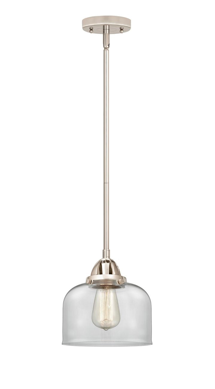288-1S-PN-G72 Stem Hung 8" Polished Nickel Mini Pendant - Clear Large Bell Glass - LED Bulb - Dimmensions: 8 x 8 x 8.5<br>Minimum Height : 18<br>Maximum Height : 42 - Sloped Ceiling Compatible: Yes