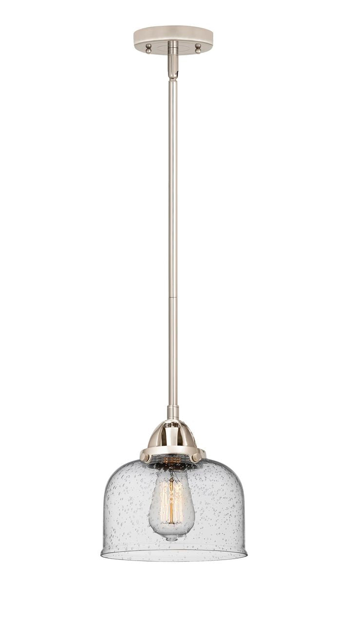 288-1S-PN-G74 Stem Hung 8" Polished Nickel Mini Pendant - Seedy Large Bell Glass - LED Bulb - Dimmensions: 8 x 8 x 8.5<br>Minimum Height : 18<br>Maximum Height : 42 - Sloped Ceiling Compatible: Yes