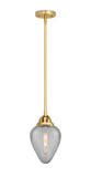 288-1S-SG-G165 Stem Hung 6.5" Satin Gold Mini Pendant - Clear Crackle Geneseo Glass - LED Bulb - Dimmensions: 6.5 x 6.5 x 11.5<br>Minimum Height : 21<br>Maximum Height : 45 - Sloped Ceiling Compatible: Yes