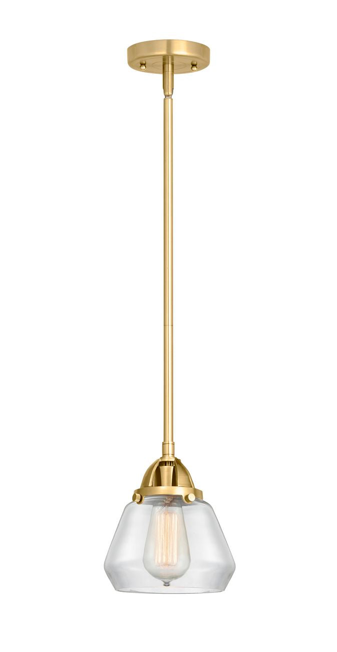 288-1S-SG-G172 Stem Hung 6.75" Satin Gold Mini Pendant - Clear Fulton Glass - LED Bulb - Dimmensions: 6.75 x 6.75 x 8<br>Minimum Height : 17.5<br>Maximum Height : 41.5 - Sloped Ceiling Compatible: Yes