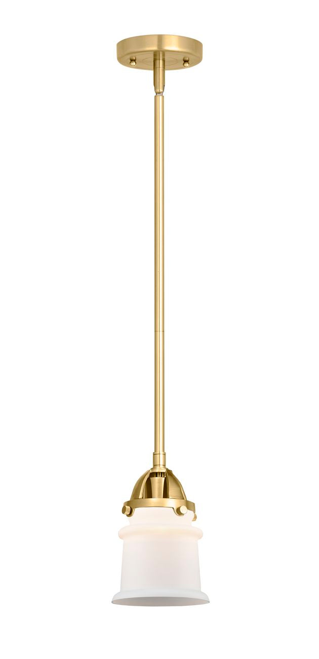 288-1S-SG-G181S Stem Hung 5.25" Satin Gold Mini Pendant - Matte White Small Canton Glass - LED Bulb - Dimmensions: 5.25 x 5.25 x 8.25<br>Minimum Height : 17.75<br>Maximum Height : 41.75 - Sloped Ceiling Compatible: Yes