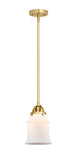 288-1S-SG-G181 Stem Hung 6" Satin Gold Mini Pendant - Matte White Canton Glass - LED Bulb - Dimmensions: 6 x 6 x 10<br>Minimum Height : 19.5<br>Maximum Height : 43.5 - Sloped Ceiling Compatible: Yes