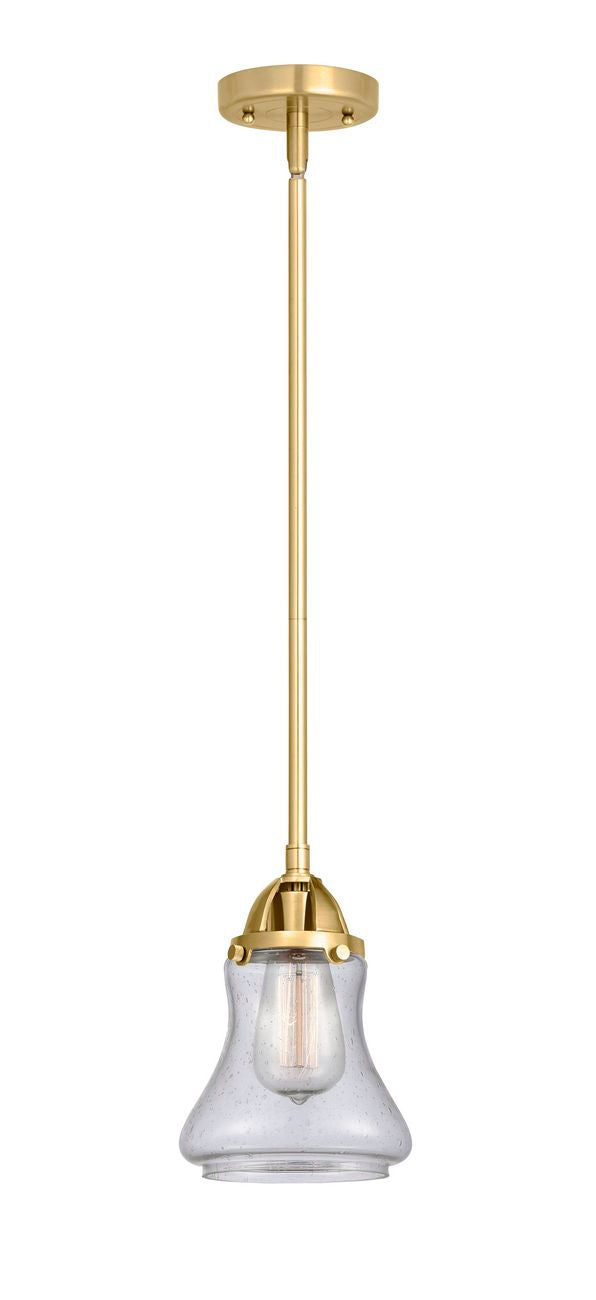 288-1S-SG-G194 Stem Hung 6" Satin Gold Mini Pendant - Seedy Bellmont Glass - LED Bulb - Dimmensions: 6 x 6 x 9<br>Minimum Height : 18.5<br>Maximum Height : 42.5 - Sloped Ceiling Compatible: Yes