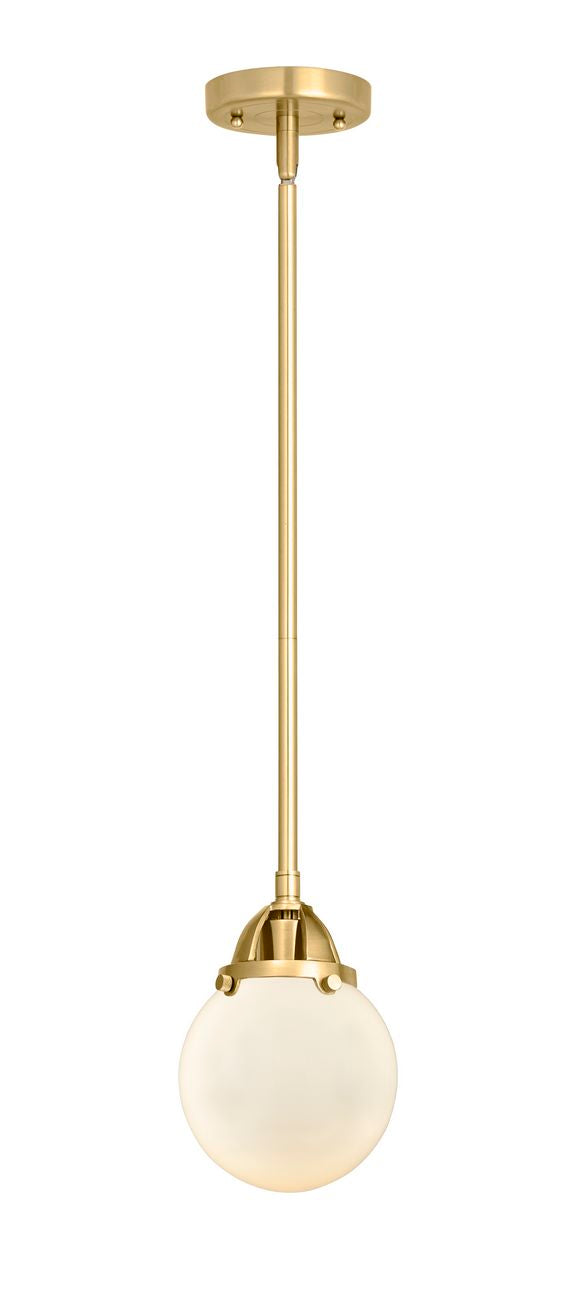 288-1S-SG-G201-6 Stem Hung 6" Satin Gold Mini Pendant - Matte White Cased Beacon Glass - LED Bulb - Dimmensions: 6 x 6 x 8.5<br>Minimum Height : 18<br>Maximum Height : 42 - Sloped Ceiling Compatible: Yes
