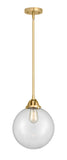 288-1S-SG-G202-10 Stem Hung 10" Satin Gold Mini Pendant - Clear Beacon Glass - LED Bulb - Dimmensions: 10 x 10 x 12.5<br>Minimum Height : 22<br>Maximum Height : 46 - Sloped Ceiling Compatible: Yes