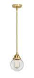 288-1S-SG-G202-6 Stem Hung 6" Satin Gold Mini Pendant - Clear Beacon Glass - LED Bulb - Dimmensions: 6 x 6 x 8.5<br>Minimum Height : 18<br>Maximum Height : 42 - Sloped Ceiling Compatible: Yes