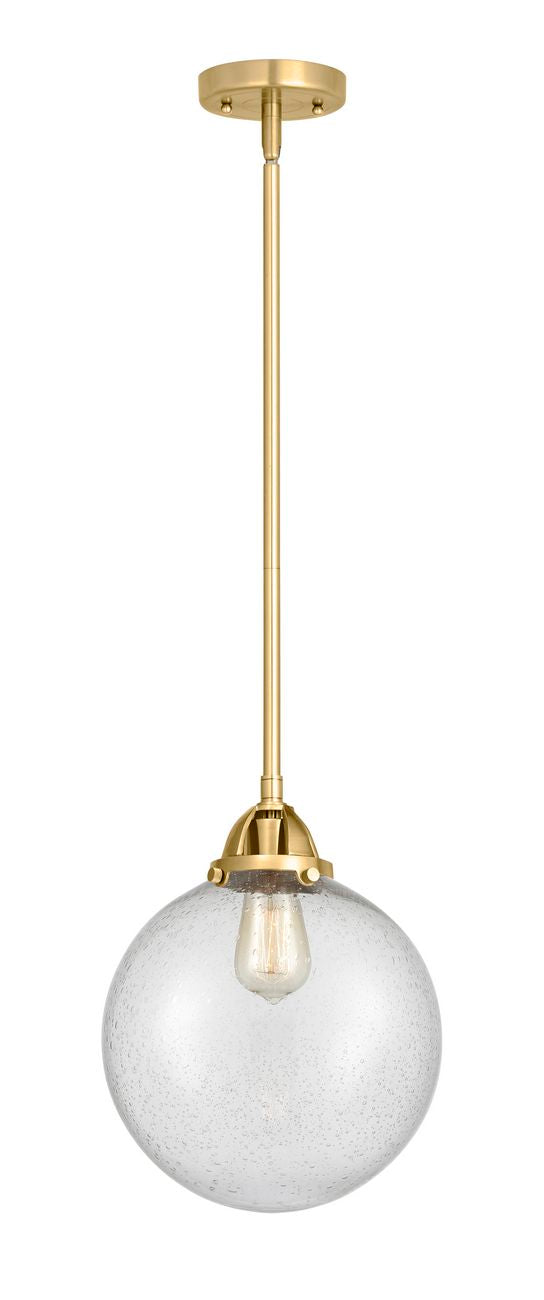 288-1S-SG-G204-10 Stem Hung 10" Satin Gold Mini Pendant - Seedy Beacon Glass - LED Bulb - Dimmensions: 10 x 10 x 12.5<br>Minimum Height : 22<br>Maximum Height : 46 - Sloped Ceiling Compatible: Yes