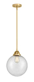 288-1S-SG-G204-10 Stem Hung 10" Satin Gold Mini Pendant - Seedy Beacon Glass - LED Bulb - Dimmensions: 10 x 10 x 12.5<br>Minimum Height : 22<br>Maximum Height : 46 - Sloped Ceiling Compatible: Yes