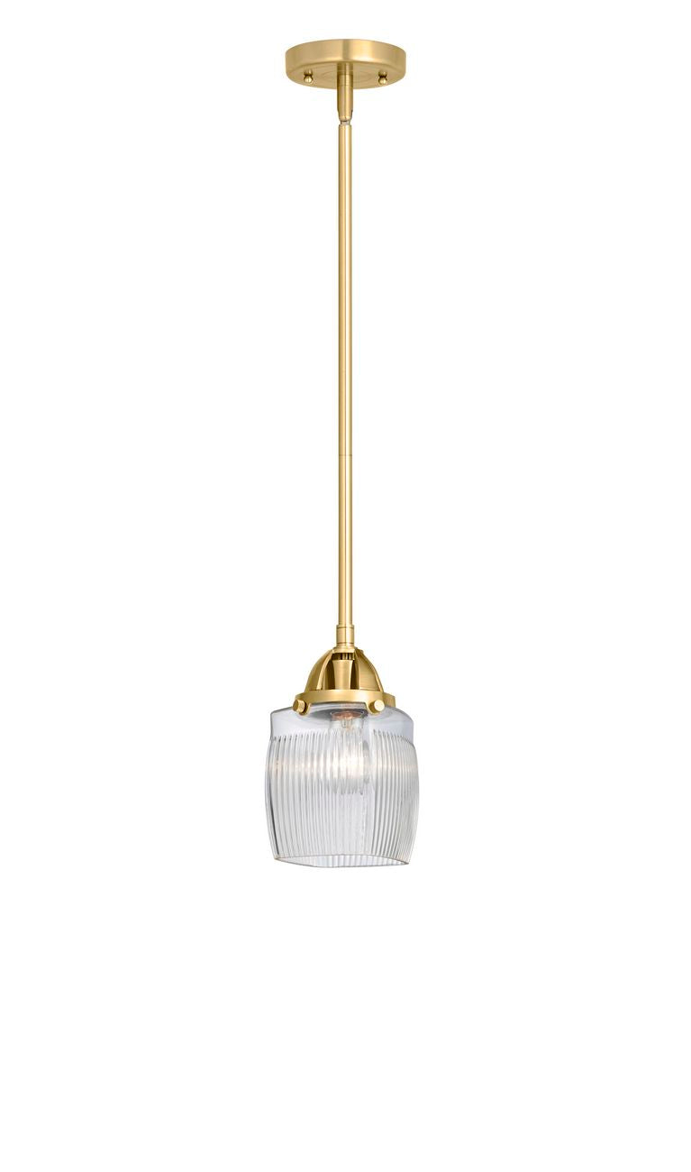 288-1S-SG-G302 Stem Hung 5.5" Satin Gold Mini Pendant - Thick Clear Halophane Colton Glass - LED Bulb - Dimmensions: 5.5 x 5.5 x 8.75<br>Minimum Height : 18.25<br>Maximum Height : 42.25 - Sloped Ceiling Compatible: Yes