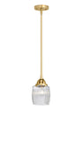 288-1S-SG-G302 Stem Hung 5.5" Satin Gold Mini Pendant - Thick Clear Halophane Colton Glass - LED Bulb - Dimmensions: 5.5 x 5.5 x 8.75<br>Minimum Height : 18.25<br>Maximum Height : 42.25 - Sloped Ceiling Compatible: Yes