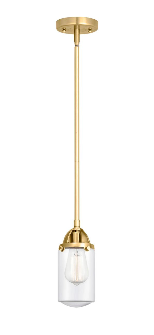 288-1S-SG-G312 Stem Hung 4.5" Satin Gold Mini Pendant - Clear Dover Glass - LED Bulb - Dimmensions: 4.5 x 4.5 x 9.25<br>Minimum Height : 18.75<br>Maximum Height : 42.75 - Sloped Ceiling Compatible: Yes