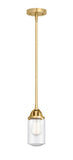 288-1S-SG-G314 Stem Hung 4.5" Satin Gold Mini Pendant - Seedy Dover Glass - LED Bulb - Dimmensions: 4.5 x 4.5 x 9.25<br>Minimum Height : 18.75<br>Maximum Height : 42.75 - Sloped Ceiling Compatible: Yes